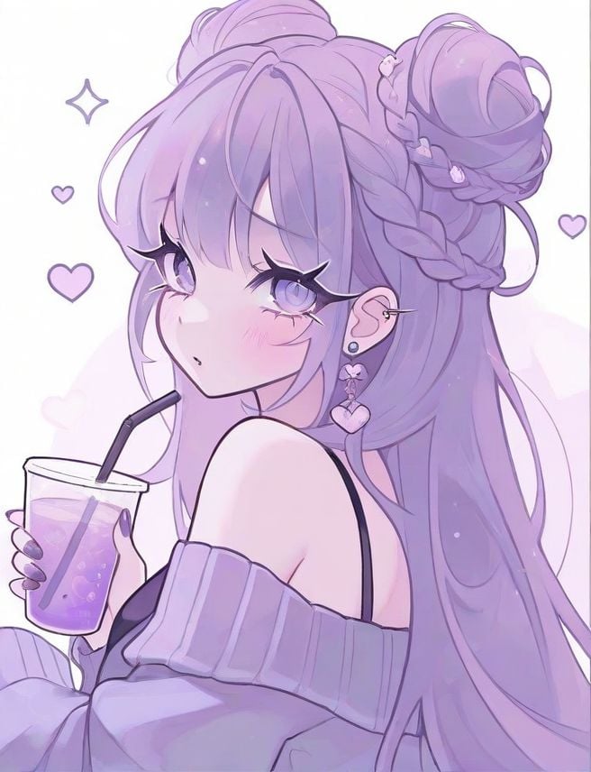 anime-2 Anime girl with long purple hair and stylish earrings sipping a drink with a straw, surrounded by heart motifs. | Sky Rye Design Anime girl with long purple hair and stylish earrings sipping a drink with a straw, surrounded by heart motifs.