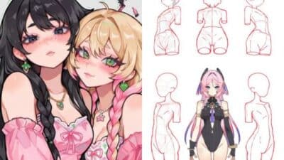 Two anime characters in pink outfits and a character design sheet with body sketches and a colorful character model.