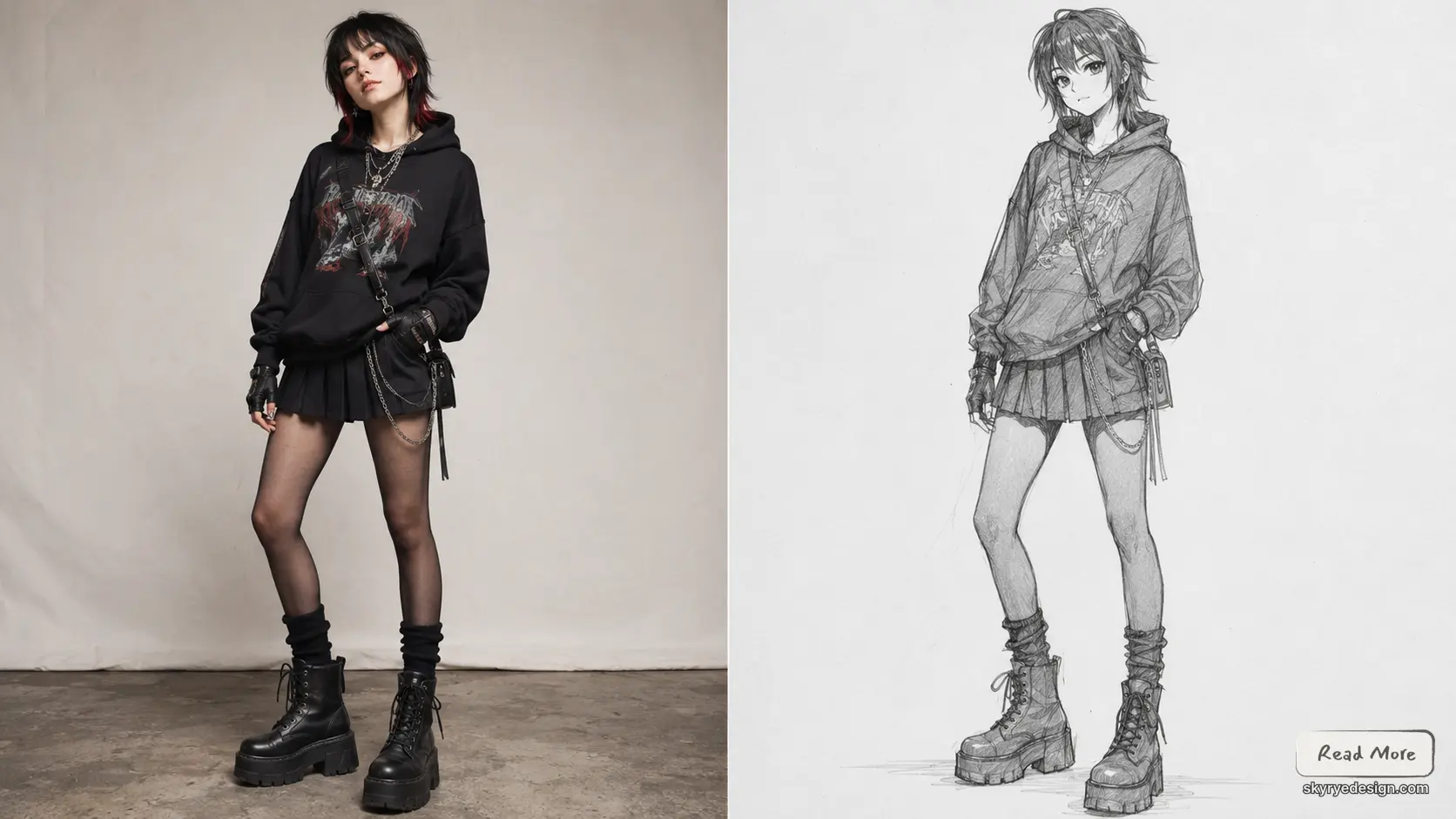 d0146963-0723-4134-80c0-81c92bea3f8e Photo and pencil sketch of a model in grunge outfit: black hoodie, pleated mini skirt, tights and chunky boots. | Sky Rye Design Photo and pencil sketch of a model in grunge outfit: black hoodie, pleated mini skirt, tights and chunky boots.