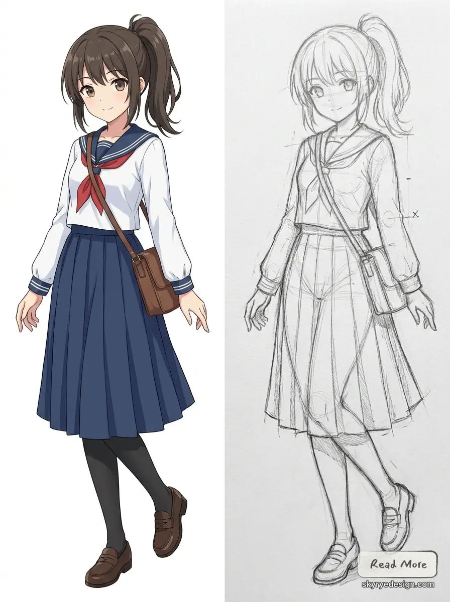 Sketch_to_realistic_drawing_202607141642 Anime schoolgirl character design: colored and pencil sketch of a girl in a navy sailor uniform, ponytail, shoulder bag. | Sky Rye Design Anime schoolgirl character design: colored and pencil sketch of a girl in a navy sailor uniform, ponytail, shoulder bag.