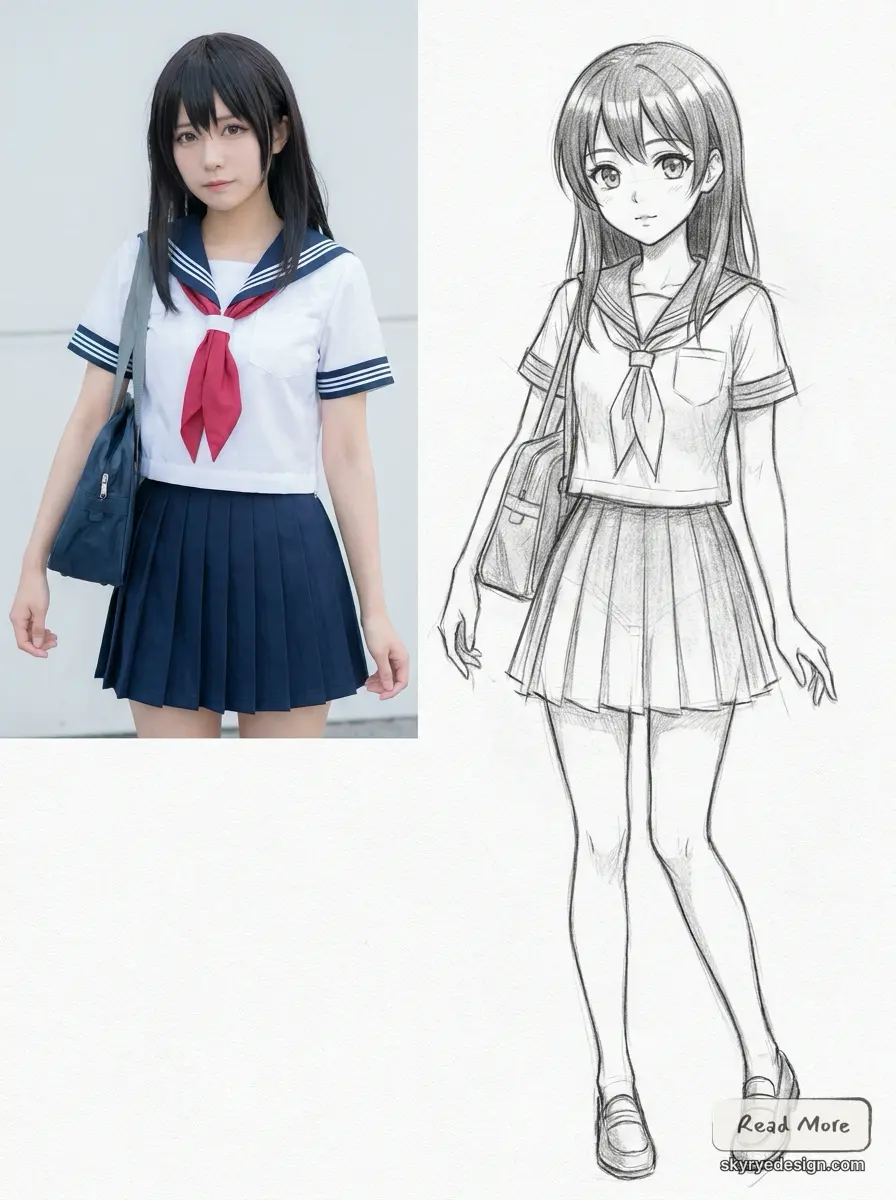 Redraw_sketch_in_anime_style_202607141645 Side-by-side photo and pencil sketch of a girl in a navy Japanese sailor school uniform (seifuku) with red neckerchief and bag | Sky Rye Design Side-by-side photo and pencil sketch of a girl in a navy Japanese sailor school uniform (seifuku) with red neckerchief and bag