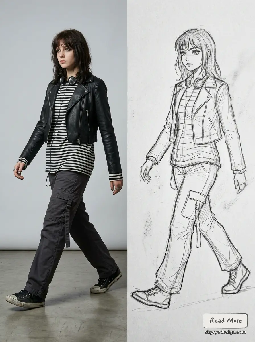Girl_walking_photo_sketch_202607141646 Fashion: side-by-side photo and pencil sketch of a woman walking in a leather jacket, striped top, cargo pants, sneakers | Sky Rye Design Fashion: side-by-side photo and pencil sketch of a woman walking in a leather jacket, striped top, cargo pants, sneakers