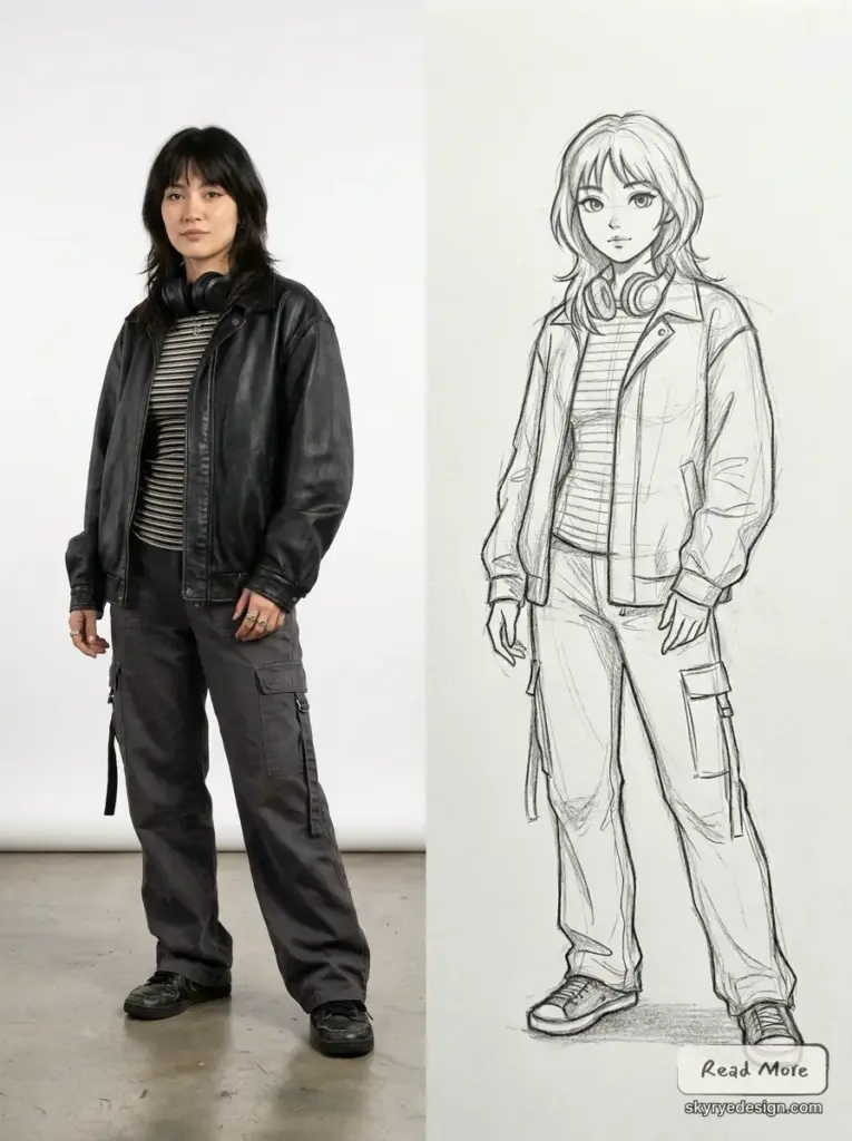 Woman_photo_and_sketch_202607141649 Outfit reference: photo and pencil sketch of a young woman in leather jacket, striped top, cargo pants and headphones. | Sky Rye Design Outfit reference: photo and pencil sketch of a young woman in leather jacket, striped top, cargo pants and headphones.