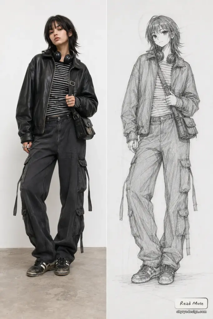 c023ba76-1a83-4f4c-b98d-c890d8f36d08 Streetwear: young woman in black leather jacket, striped tee, cargo pants and headphones beside pencil sketch | Sky Rye Design Streetwear: young woman in black leather jacket, striped tee, cargo pants and headphones beside pencil sketch