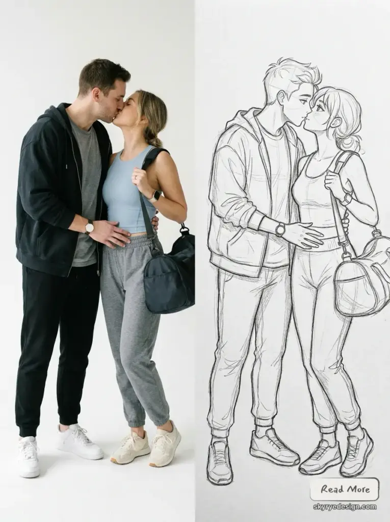 Couple_kissing_reference_photo_s_202607141700 Side-by-side photo and pencil sketch of a young couple kissing in casual athleisure, carrying gym bags | Sky Rye Design Side-by-side photo and pencil sketch of a young couple kissing in casual athleisure, carrying gym bags