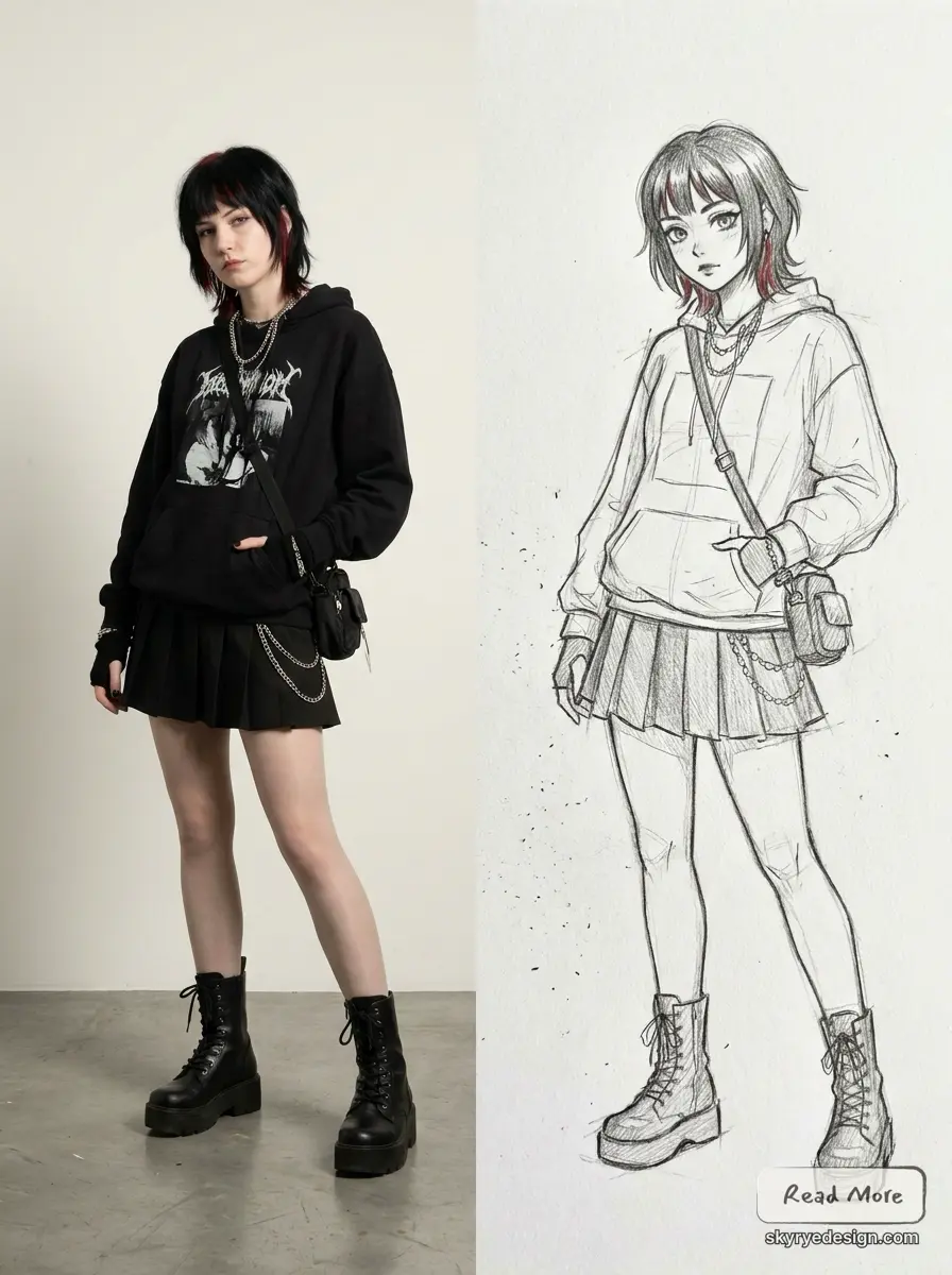 Create_a_clean_horizontal_diptych_202607141638 Photo and pencil sketch of grunge outfit: oversized black hoodie, pleated skirt, chain accessories, platform combat boots | Sky Rye Design Photo and pencil sketch of grunge outfit: oversized black hoodie, pleated skirt, chain accessories, platform combat boots