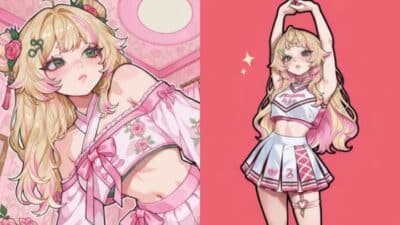 Anime-style characters with blonde hair, wearing pink-themed outfits, pose on a vibrant pink background.