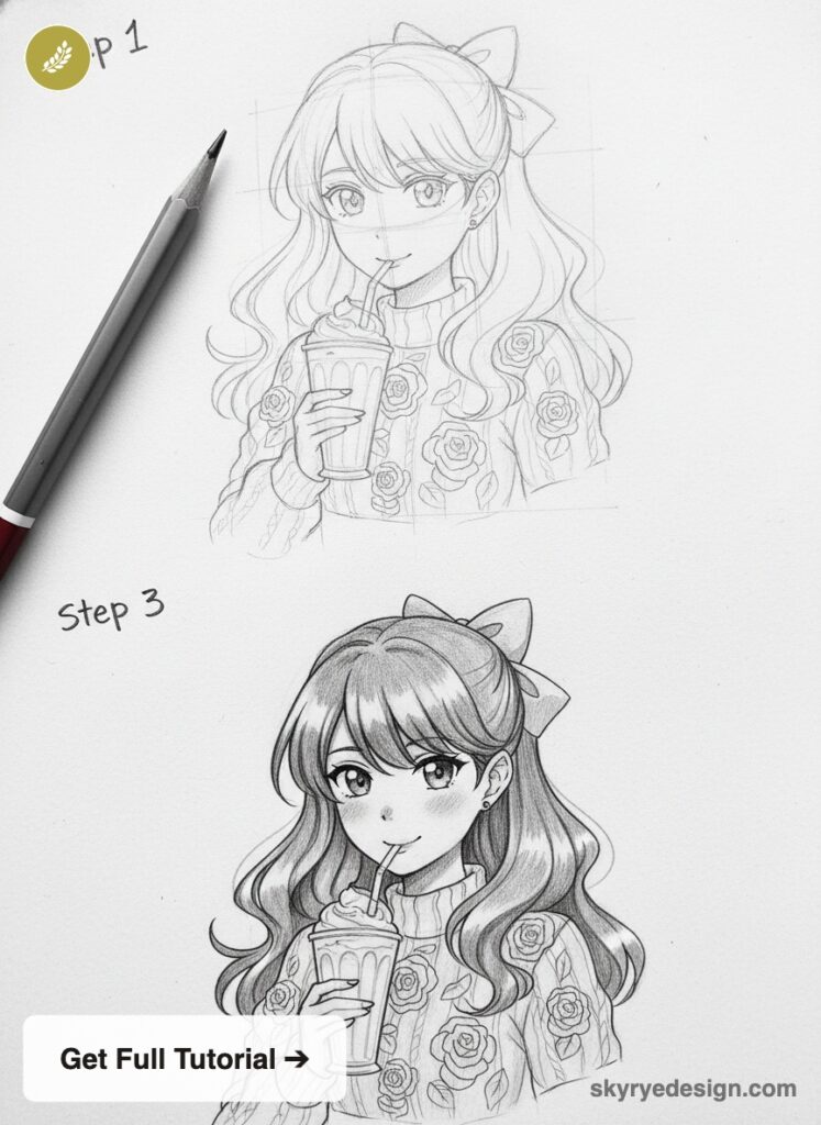 Sketch of a girl with long wavy hair wearing a rose-pattern sweater, sipping a drink through a straw; top is a rough pencil sketch, bottom is a more finished drawing labeled Step 3.