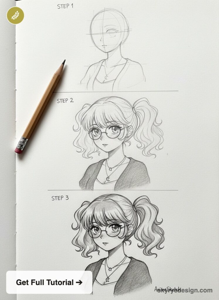 Step-by-step pencil tutorial: anime girl portrait with glasses and pigtails, three sketch stages and pencil on paper