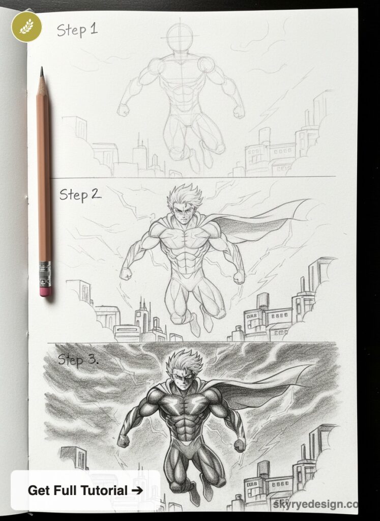 Three-step pencil sketch tutorial showing a muscular flying superhero over a city skyline, with pencil beside page