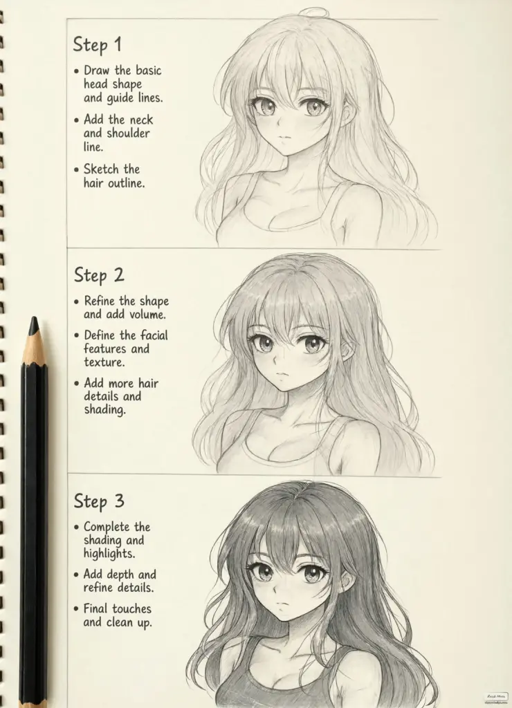 Pencil anime drawing tutorial: three-step female character sketches showing head, hair, facial features and shading.