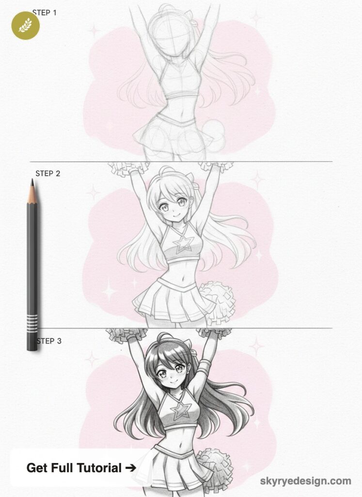How to draw anime cheerleader: step-by-step pencil tutorial showing three sketch stages from rough to detailed.