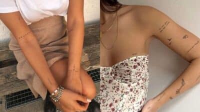 Minimalist line and text tattoos on arms, featuring birds and symbols, worn with casual and floral outfits.