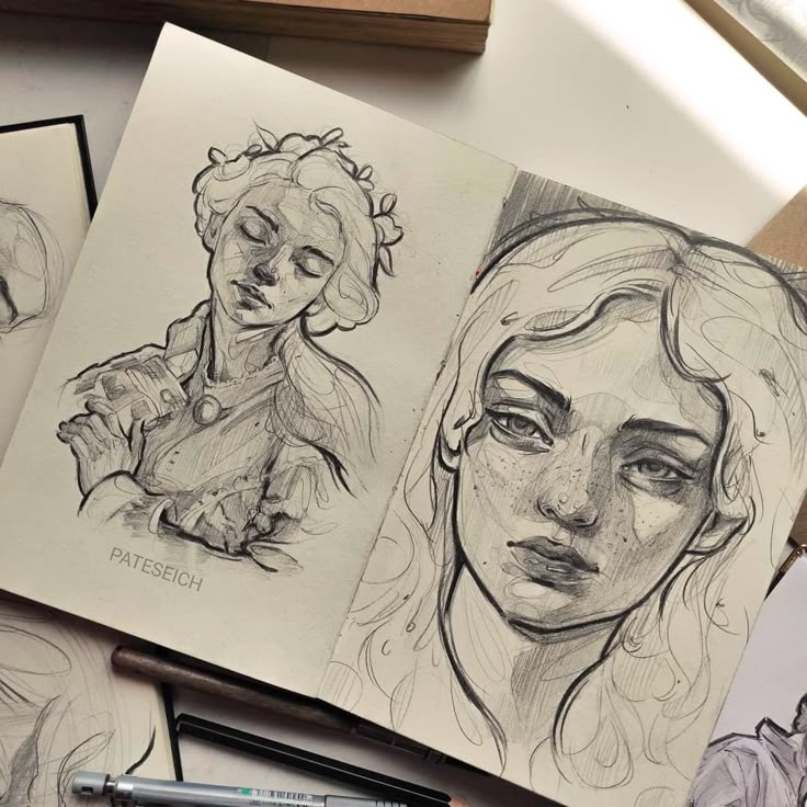 Sketchbook with detailed pencil portraits of two individuals, emphasizing intricate facial features and expressions.