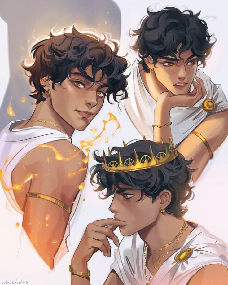 Three anime characters with curly hair, wearing white robes and golden accessories, expressing different emotions.