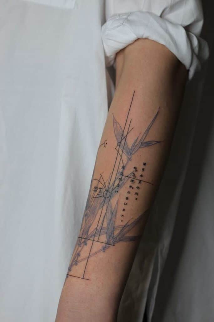 Minimalist geometric tattoo with botanical elements on a forearm, detailed with precise lines and angles.