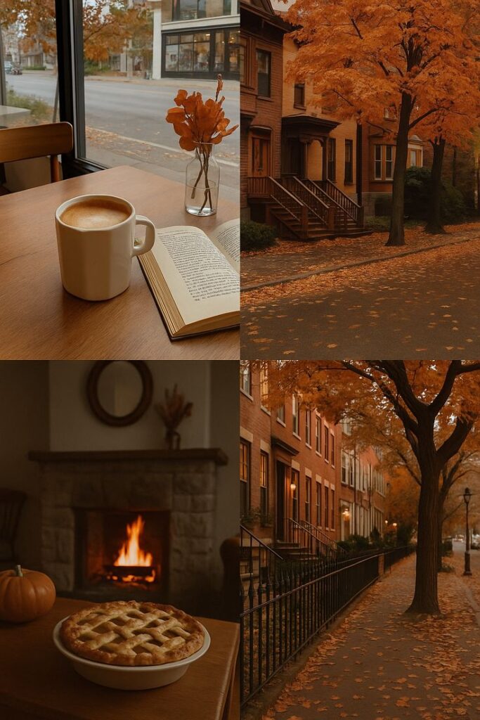 Cozy autumn scenes: coffee and book by window, warm fireplace, pie, and a street lined with vibrant fall trees.