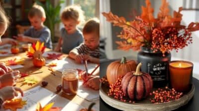 Children crafting with autumn leaves and decorations; cozy fall centerpiece with pumpkins and candle.