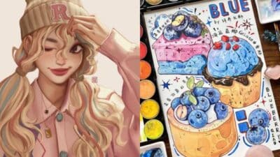 Illustration of a winking girl in a beanie and colorful blueberry-themed dessert art with vibrant colors.