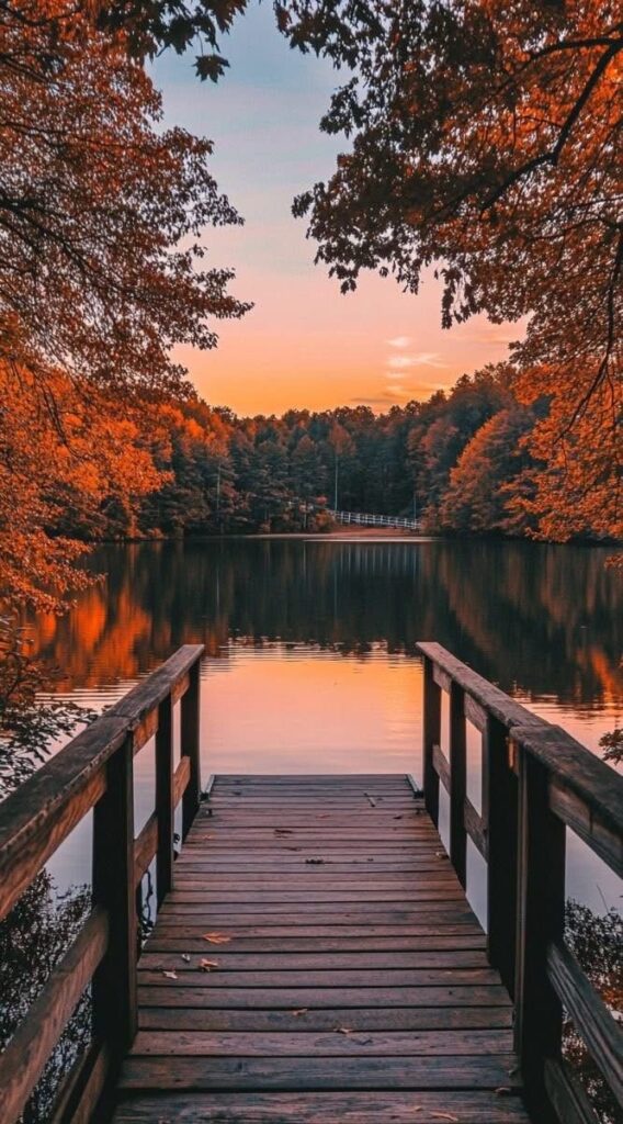 Autumn leaves by a tranquil lake at sunset, viewed from a wooden pier.