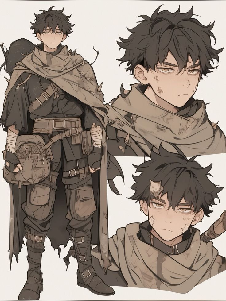 Anime character design with dark outfit, messy hair, and a rugged appearance.