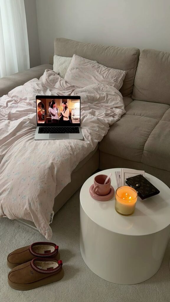 Cozy living room setup with a laptop on a couch, candle, and slippers; perfect for a relaxing movie night.