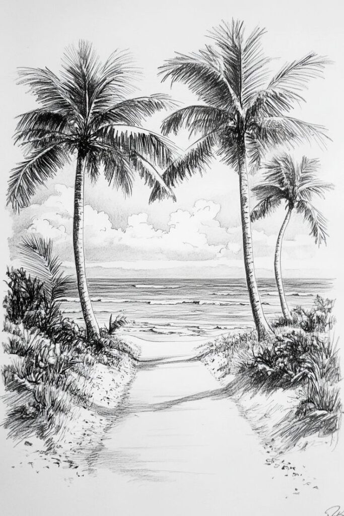 Pencil drawing of a tropical beach with palm trees and ocean waves in the background.