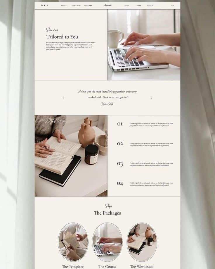 Minimalist website design showcasing copywriting services with elegant typography and imagery of reading and typing.