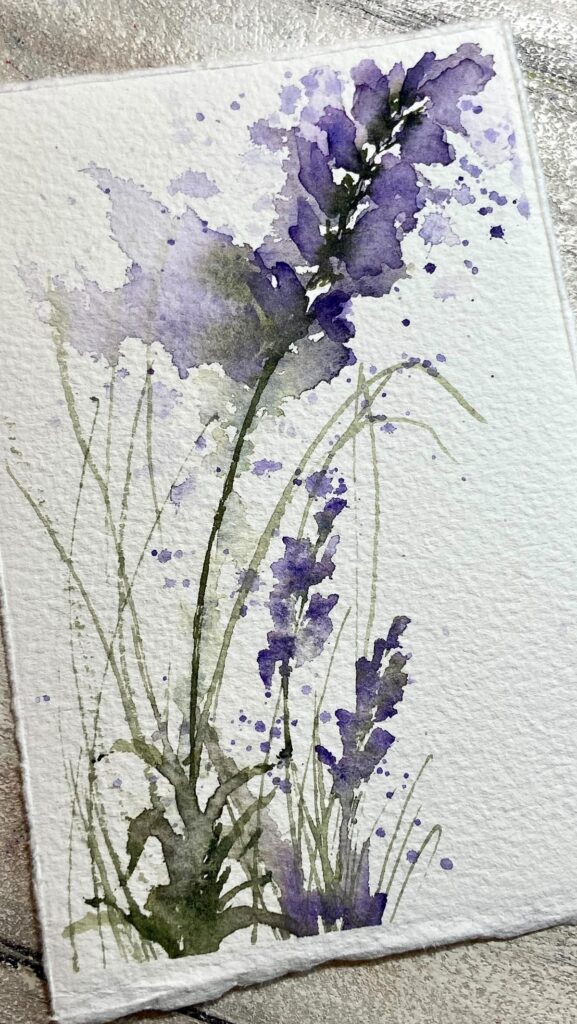 Watercolor painting of purple wildflowers and green stems on textured paper.