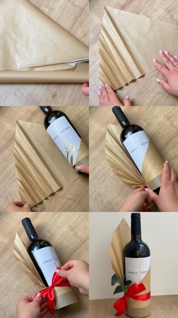 DIY wine bottle wrapping tutorial with kraft paper, ribbon, and leaves for a creative gift presentation.