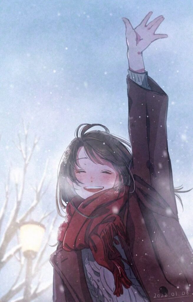 Smiling woman in winter coat and scarf joyfully waves in snowy background.