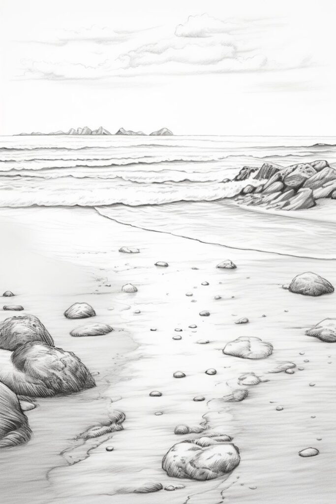 Black and white sketch of a serene beach with rocks, waves, and distant islands under a cloudy sky.