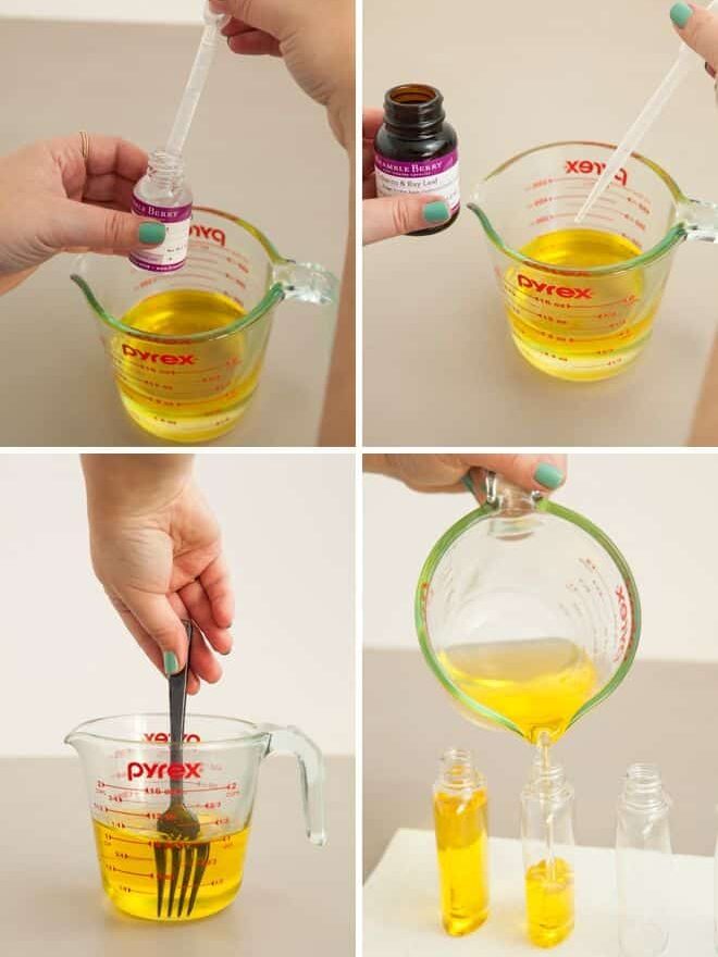 Creating homemade oil blend in a Pyrex measuring cup, adding essential oils and pouring into bottles.