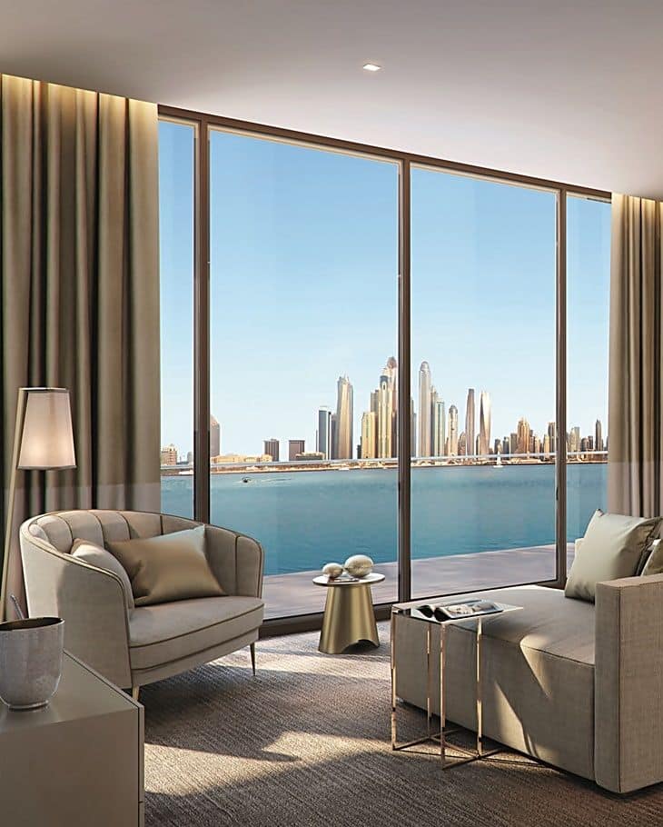 b40a8ca1-b618-4400-bfa1-921591cc608f Luxurious living room with Dubai skyline view, large windows, elegant furniture, and neutral tones. Perfect urban retreat. | Sky Rye Design Luxurious living room with Dubai skyline view, large windows, elegant furniture, and neutral tones. Perfect urban retreat.