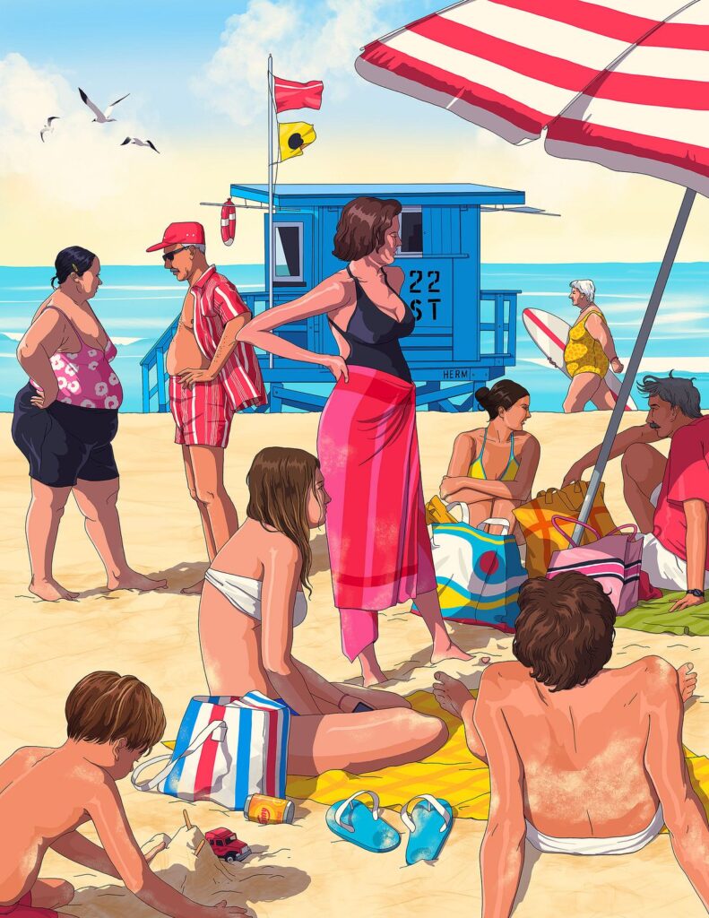 People relaxing on a sunny beach near a lifeguard tower, surrounded by beach umbrellas and towels.