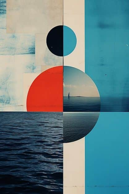 Abstract geometric collage with ocean, sky, and circles in red and blue, creating a modern and vibrant design.