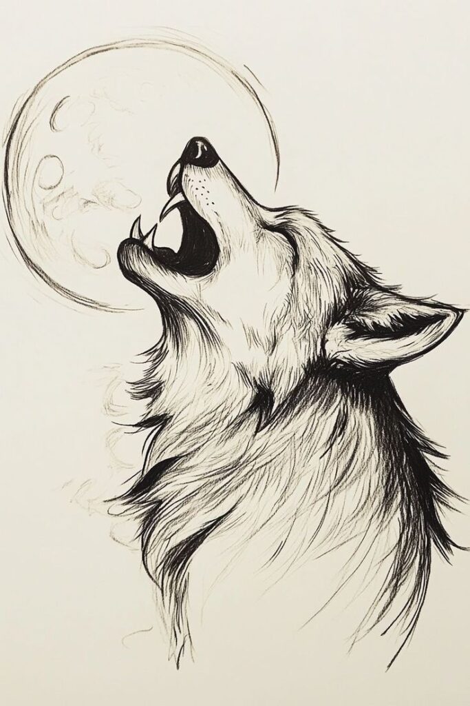 Illustration of a wolf howling at the moon, capturing a classic nature scene in black and white.