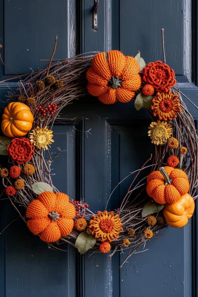 Autumn wreath with orange crocheted pumpkins and flowers on a dark blue door, perfect for fall decor.