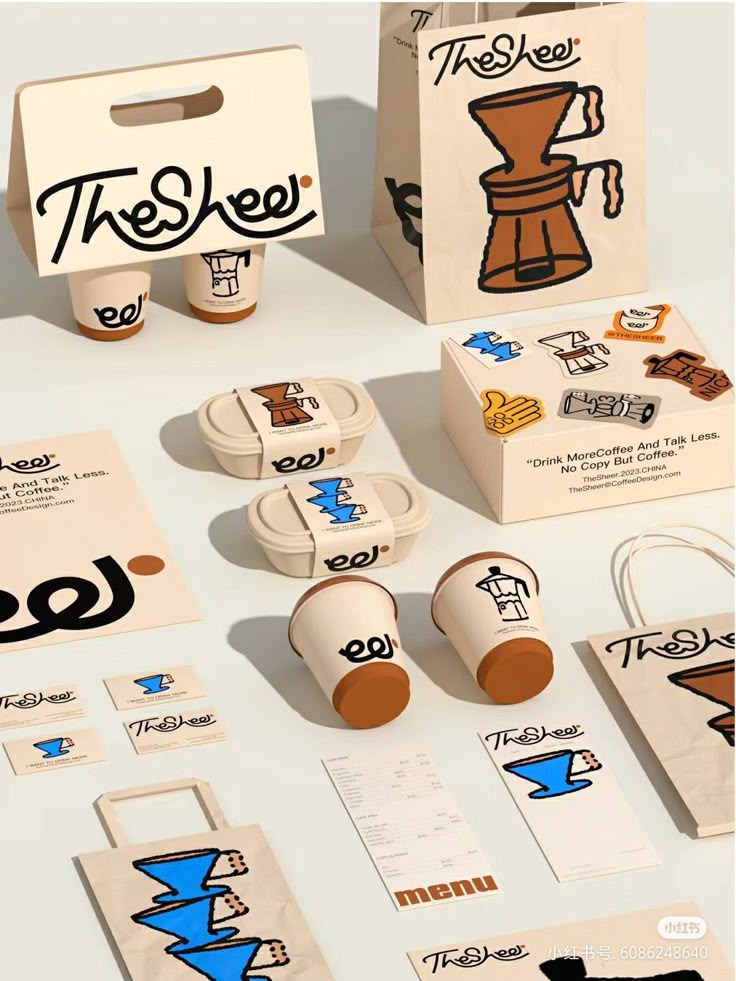 Branded coffee packaging design with cups, bags, and boxes featuring illustrated logos and coffee-related graphics.