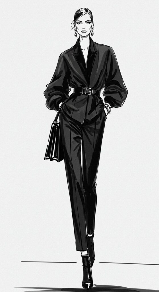 Stylish fashion illustration of a woman in a chic black suit with a belt, holding a handbag.