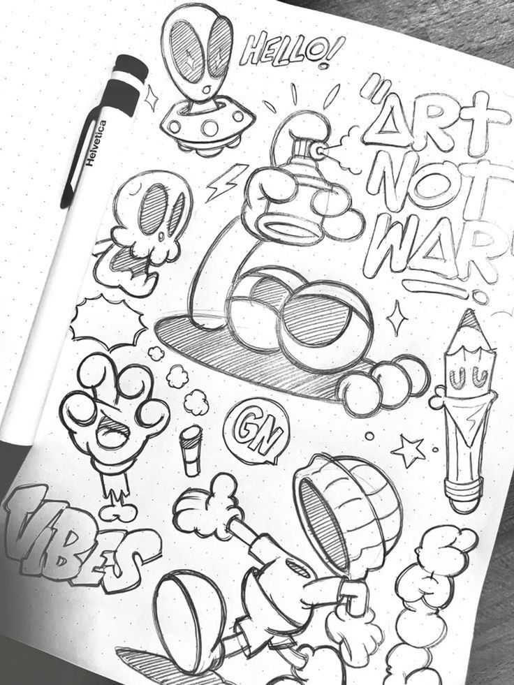 Black and white graffiti-style doodles, featuring Art Not War and various imaginative characters and objects.