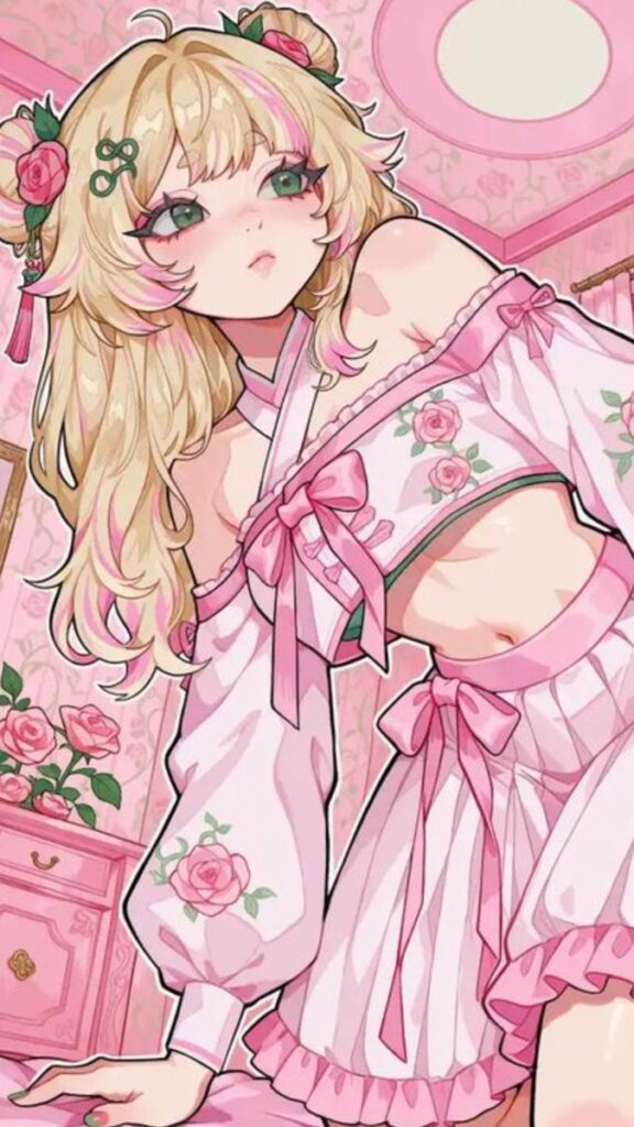 Anime girl in pink floral outfit with blonde hair, rose accessories, and green eyes in a pink-themed room.