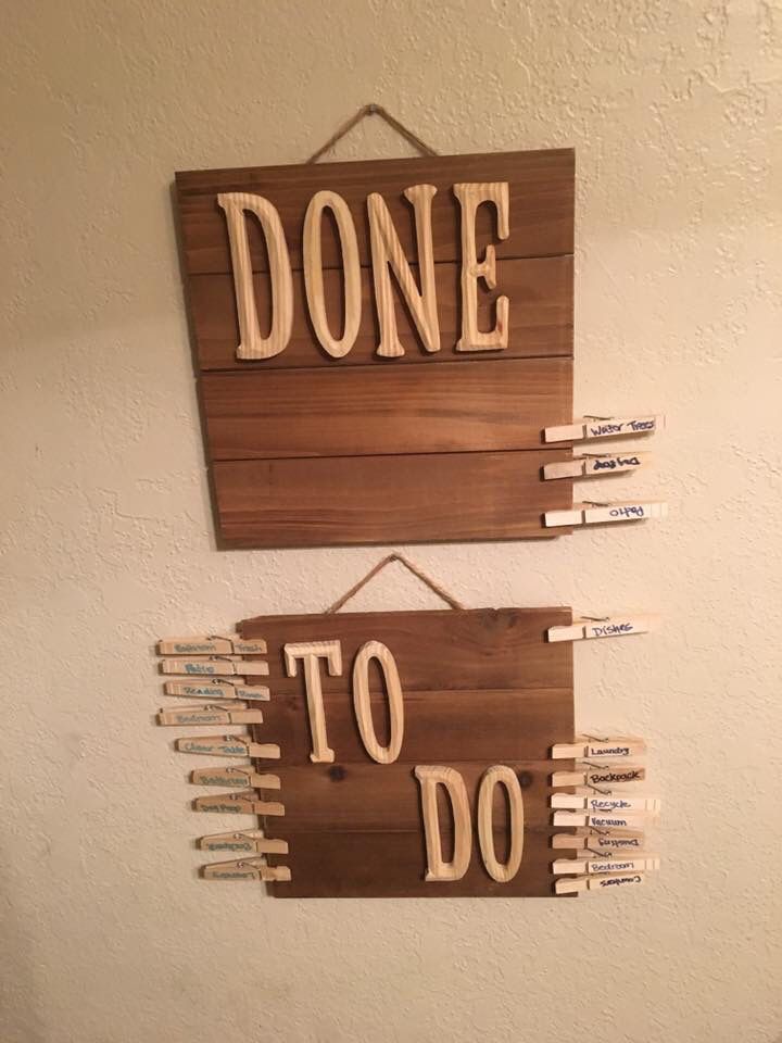 Wooden DIY To Do and Done boards with labeled clothespins for task management.
