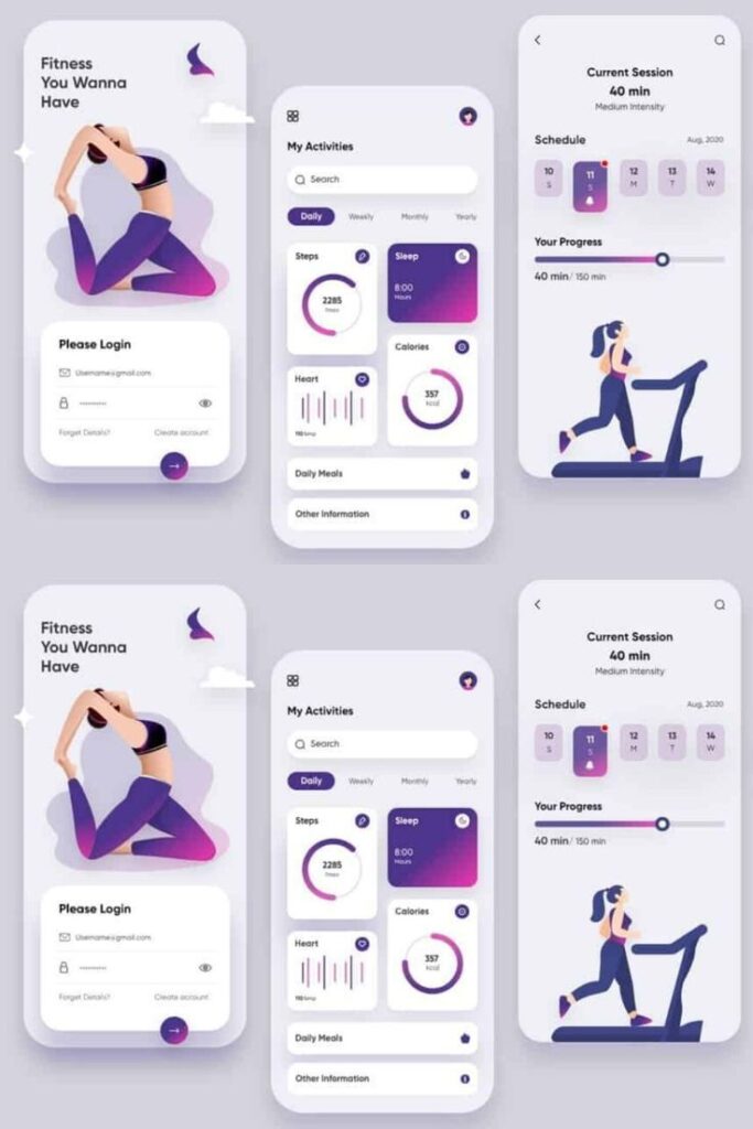 Modern fitness app UI design showing activity tracking, yoga, and treadmill exercise screens.