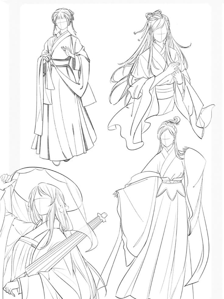 Four anime characters in traditional Japanese attire, detailed pencil sketches, highlighting flowing robes and hair.