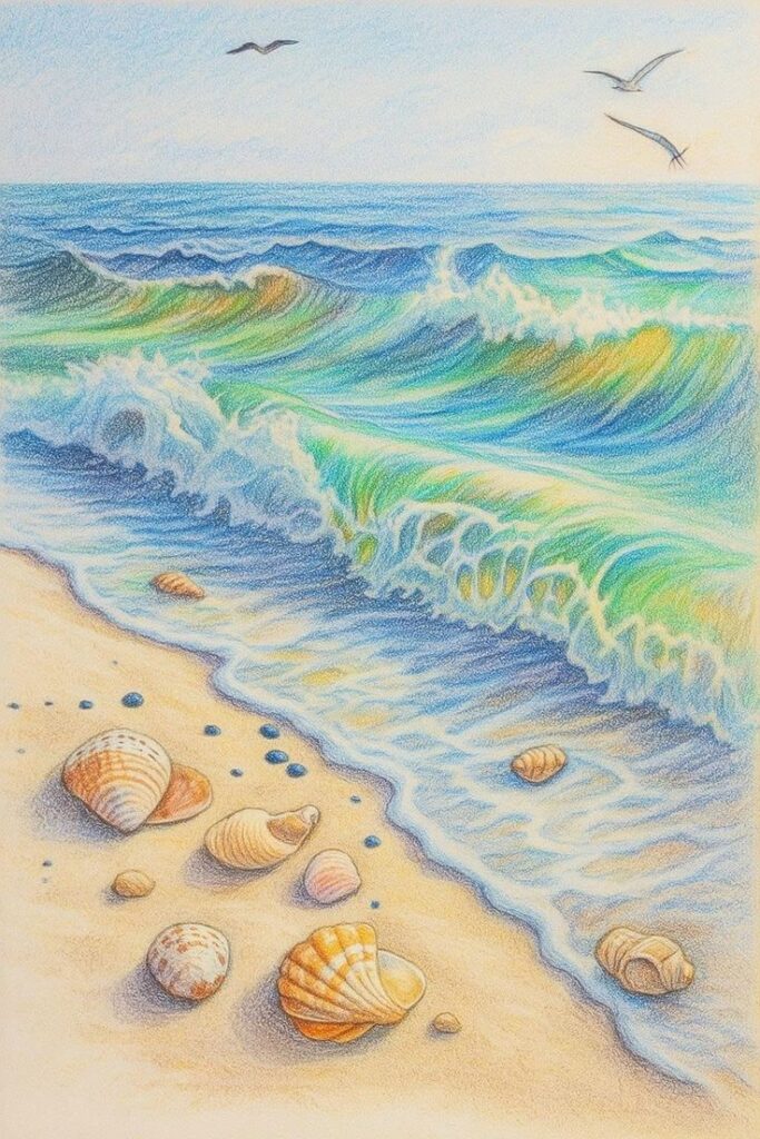 Colorful beach drawing with seashells, gentle waves, and flying seagulls under a clear sky. Calm seaside illustration.
