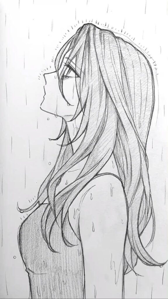 Anime sketch of a woman standing in rain, eyes closed, hair flowing, conveying solitude and serenity.
