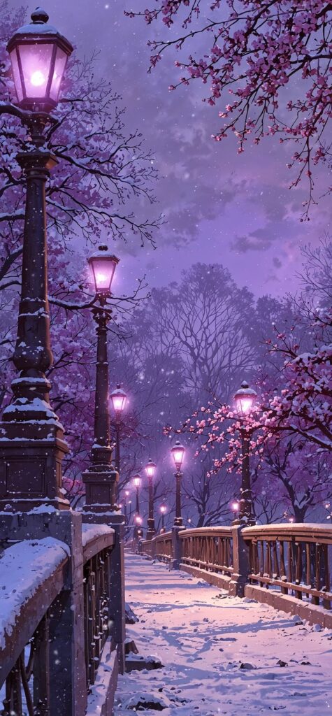 Snowy bridge scene with glowing street lamps and pink blossoms under a purple sky.