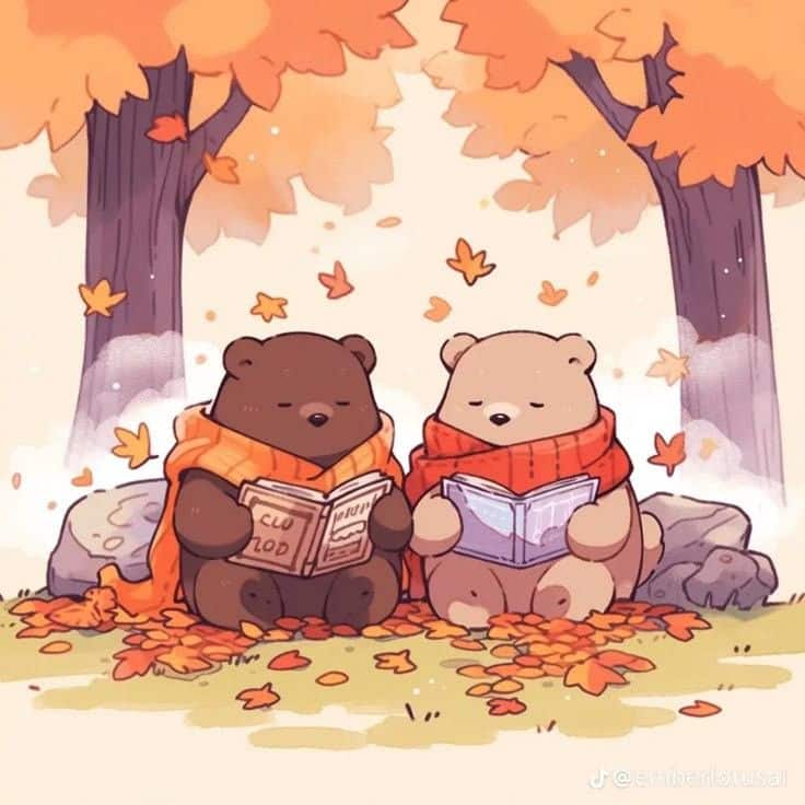Two cute bears in scarves reading books under autumn trees with falling leaves.