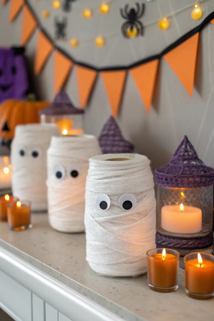 bbdb90e72d9bfedc2693fec3b8ed5f75 Halloween decor: mummy jars with googly eyes, candles, and festive orange and purple accents on a mantel. | Sky Rye Design Halloween decor: mummy jars with googly eyes, candles, and festive orange and purple accents on a mantel.